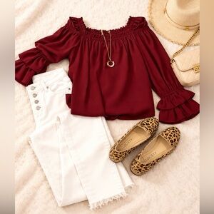 CeCe Burgundy Off Shoulder Ruffle Blouse Statement Sleeve Top Size M